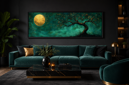 Tree And Moon Emerald Green and Gold Long Horizontal Wall Art