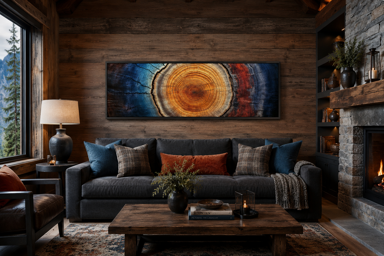 Tree Ring Long Horizontal Canvas Wall Art for Cabin Decor Above Bed Or Couch