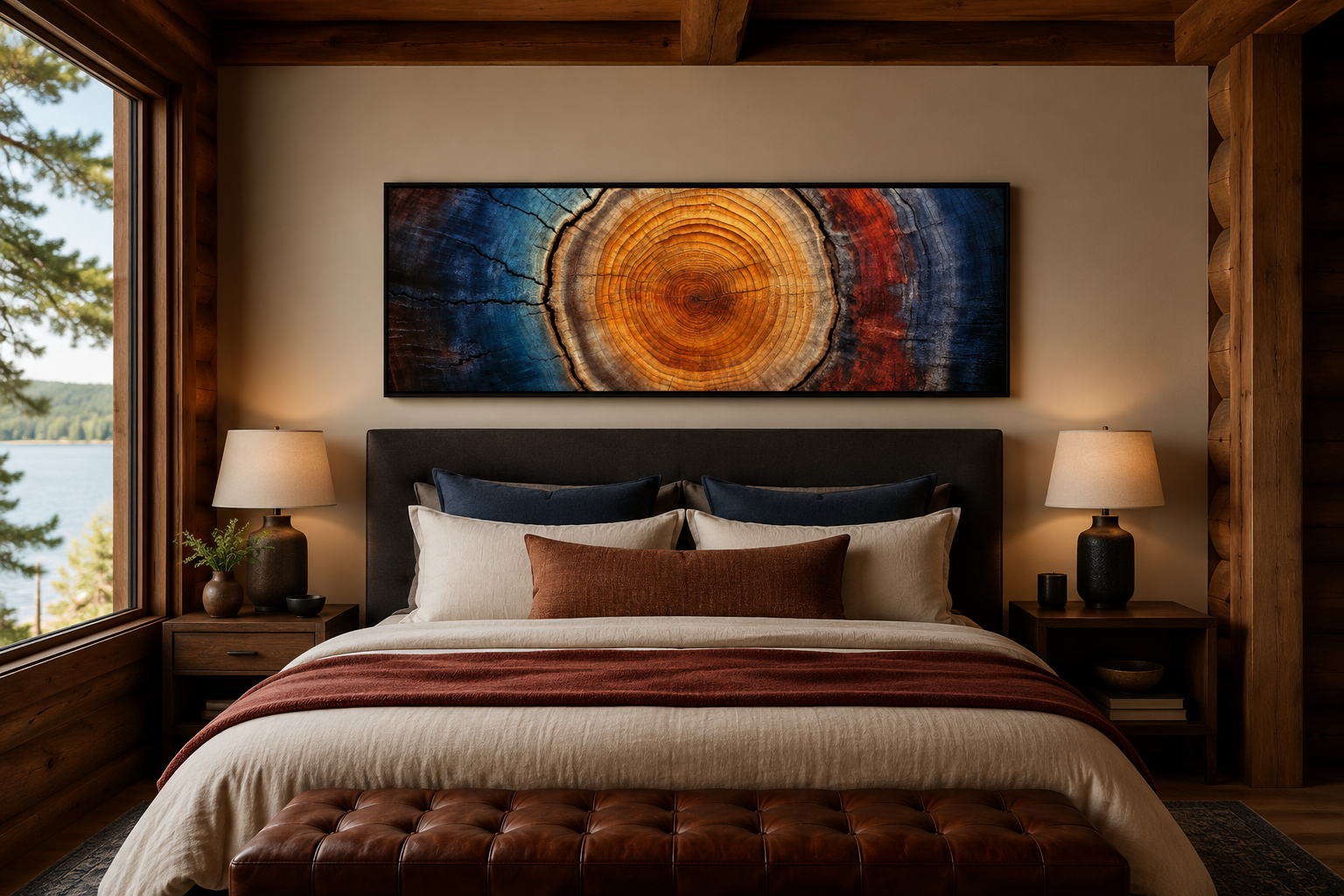 Tree Ring Long Horizontal Canvas Wall Art for Cabin Decor Above Bed Or Couch