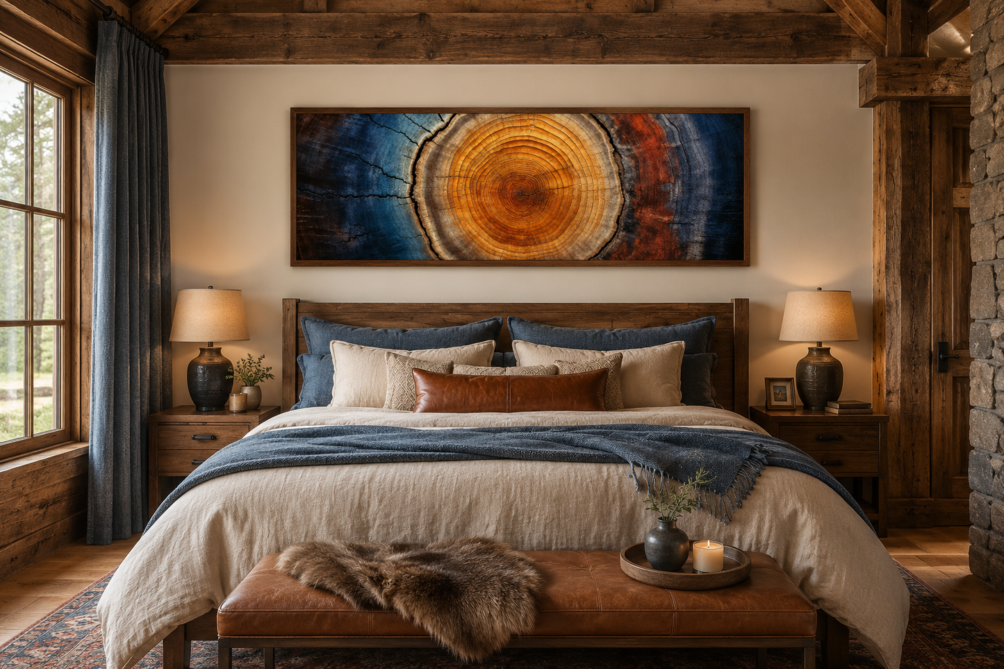Tree Ring Long Horizontal Canvas Wall Art for Cabin Decor Above Bed Or Couch