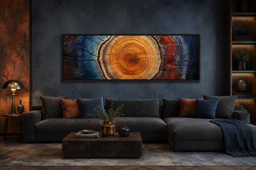 Tree Ring Long Horizontal Canvas Wall Art for Cabin Decor Above Bed Or Couch