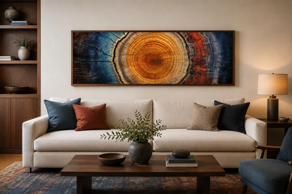 Tree Ring Long Horizontal Canvas Wall Art for Cabin Decor Above Bed Or Couch