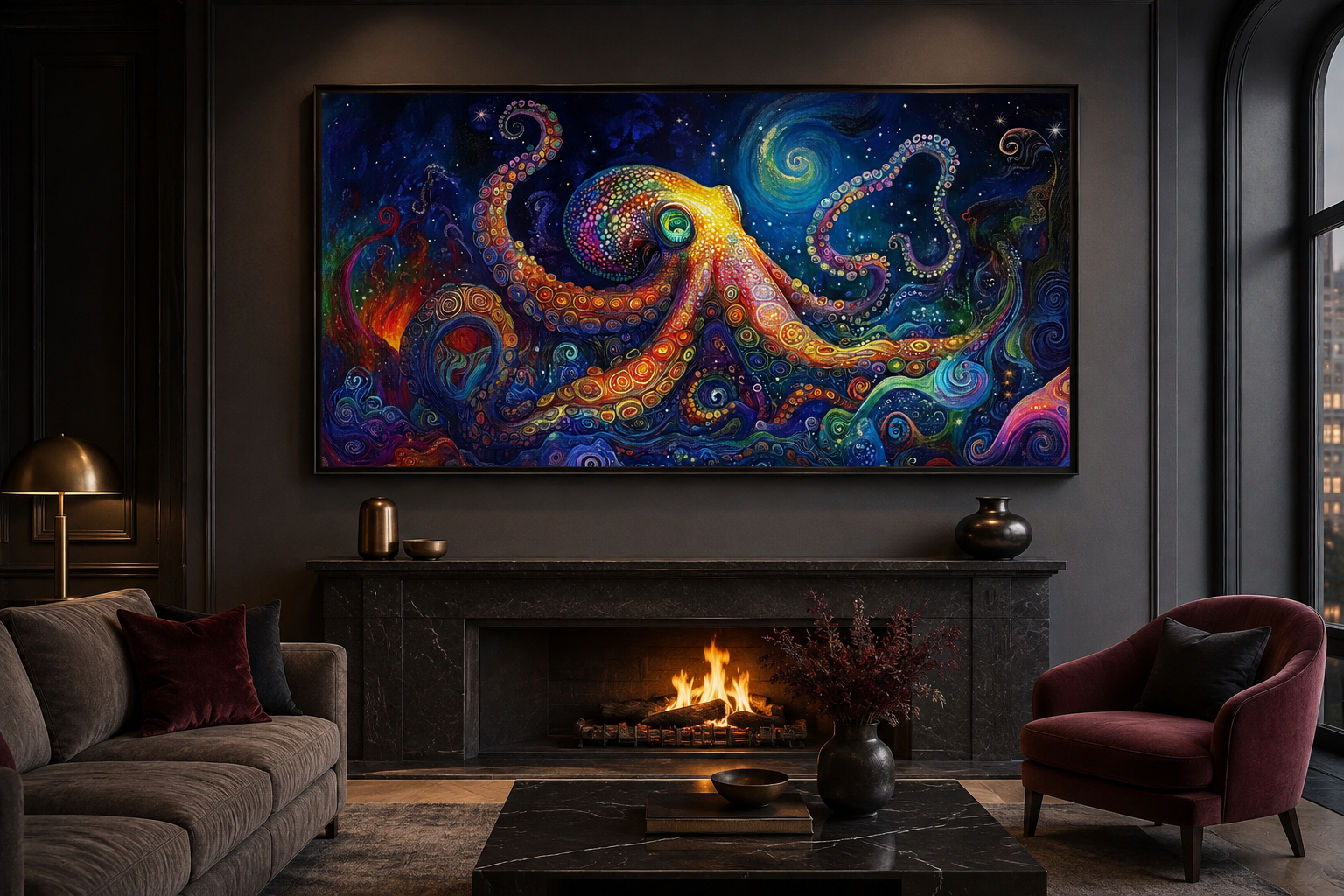 Psychedelic Octopus Framed Canvas Wall Art, Nautical Manly Wall Decor