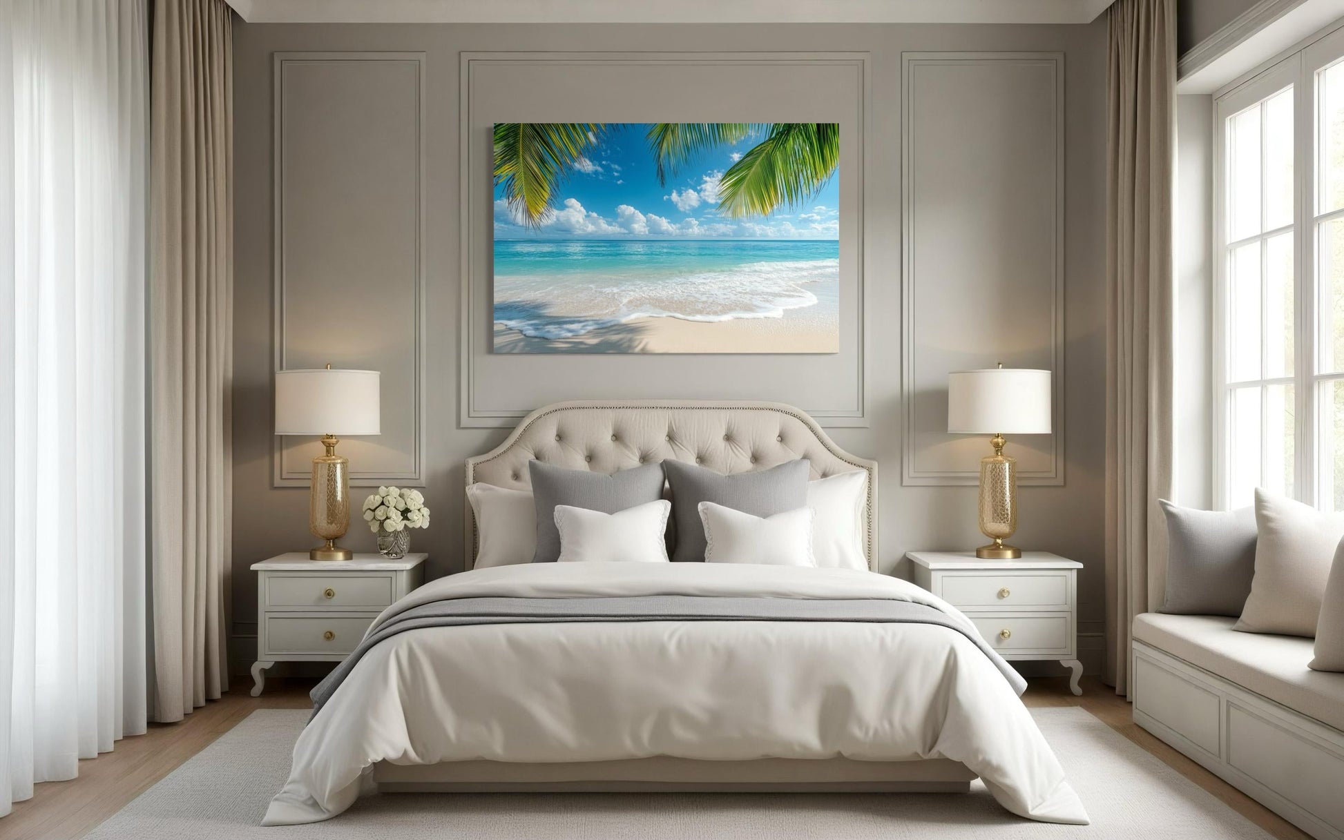 Tropical Beach With Palm Tree Framed Canvas Wall Art