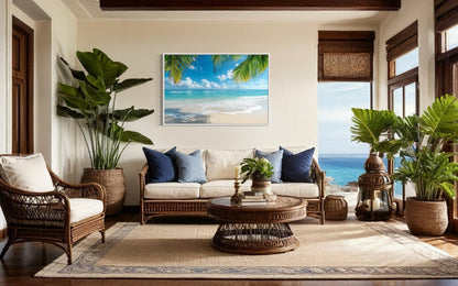 Tropical Beach With Palm Tree Framed Canvas Wall Art
