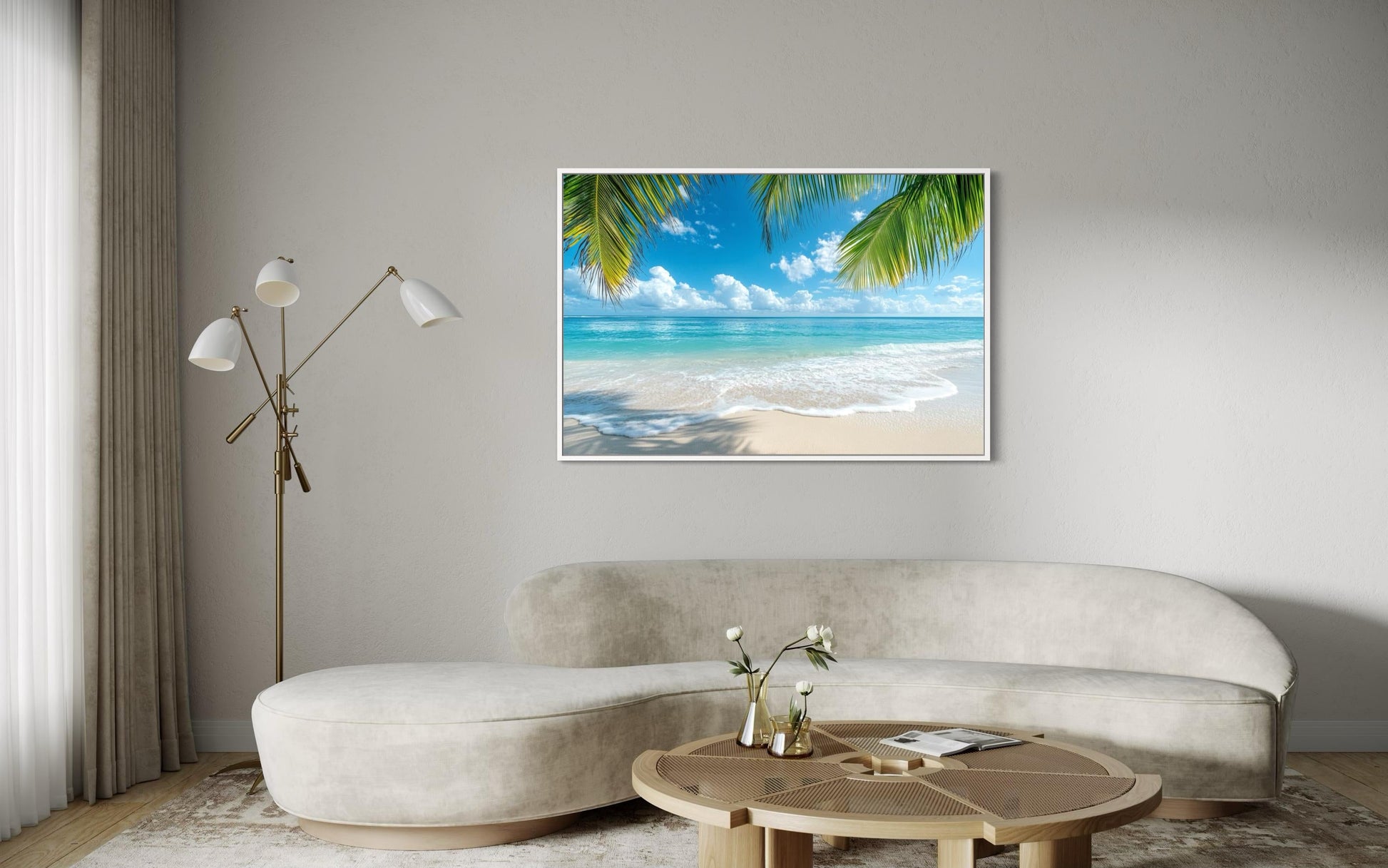 Tropical Beach With Palm Tree Framed Canvas Wall Art