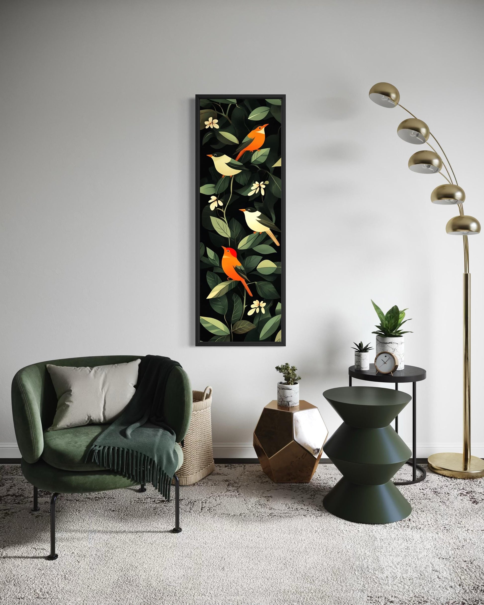 Tropical Birds Wall Art – Vertical Narrow Canvas Decor with Exotic Bird Painting