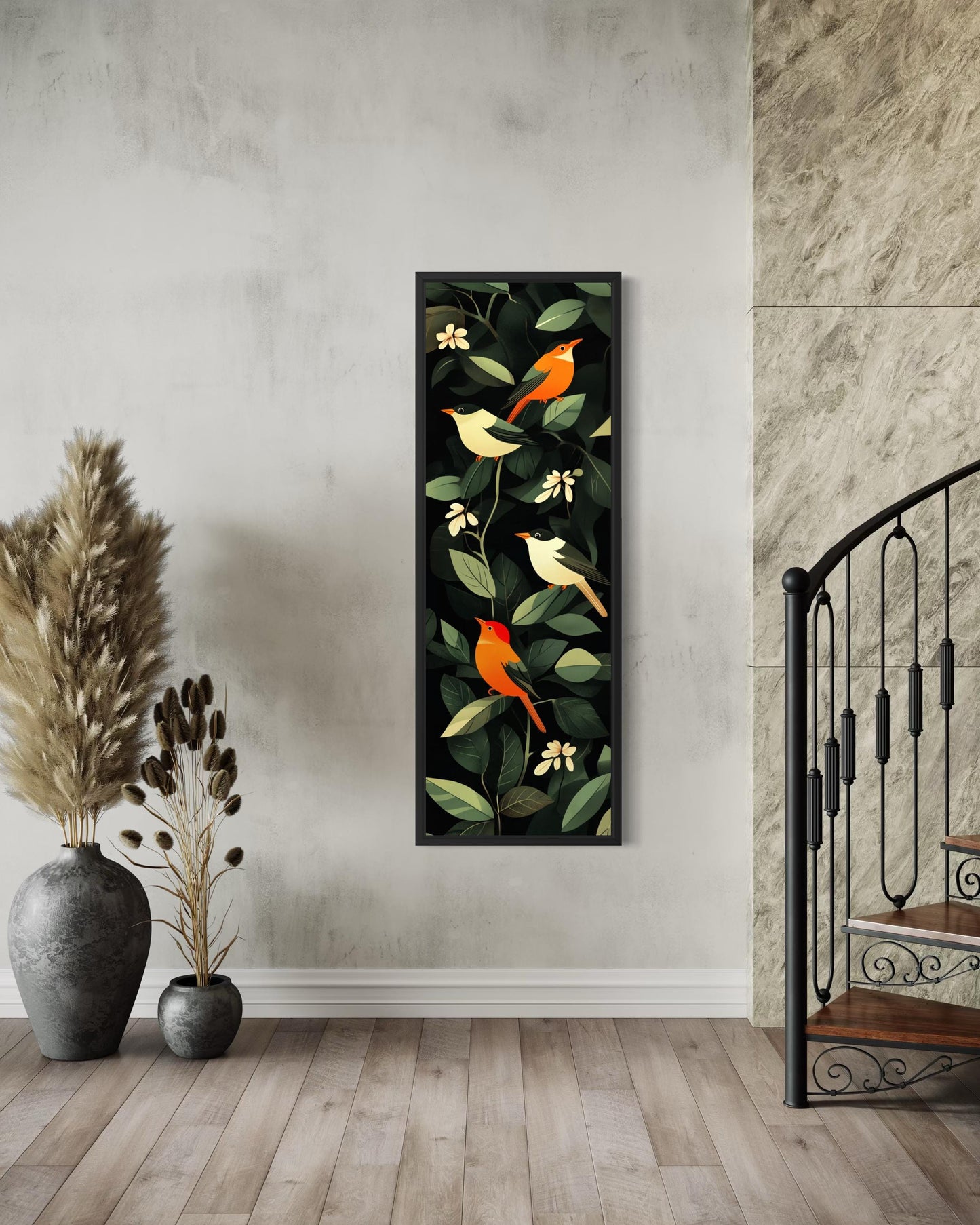 Tropical Birds Wall Art – Vertical Narrow Canvas Decor with Exotic Bird Painting
