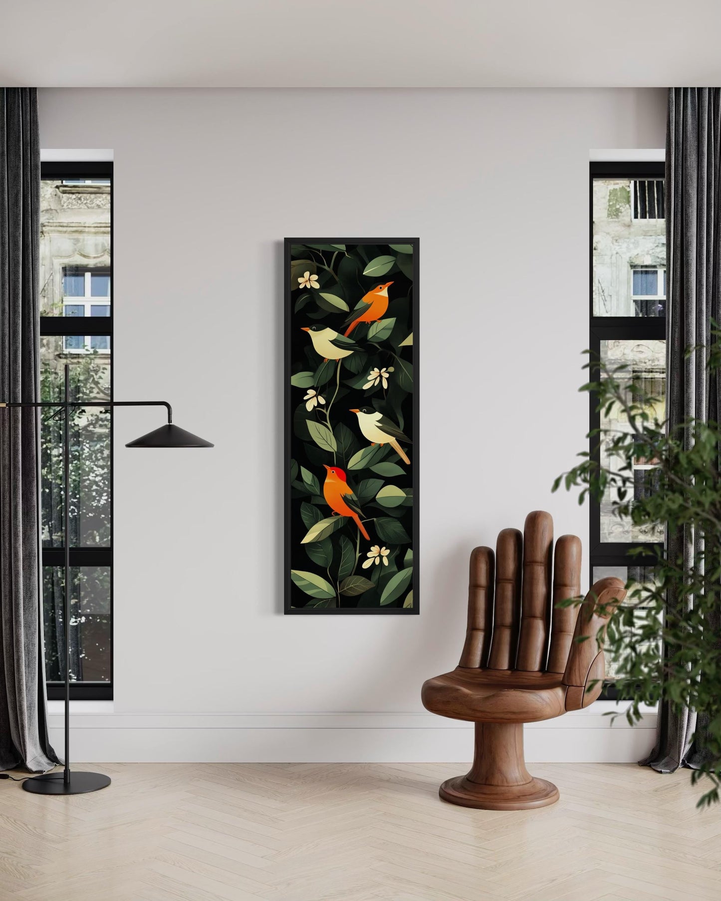 Tropical Birds Wall Art – Vertical Narrow Canvas Decor with Exotic Bird Painting