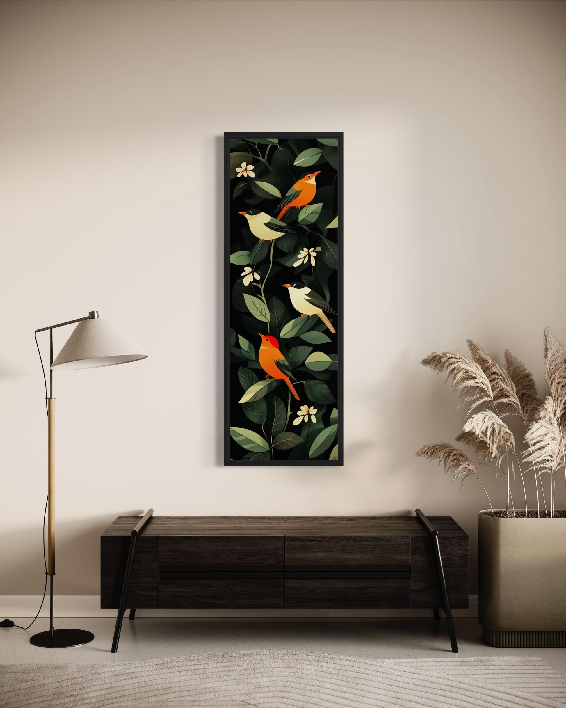 Tropical Birds Wall Art – Vertical Narrow Canvas Decor with Exotic Bird Painting