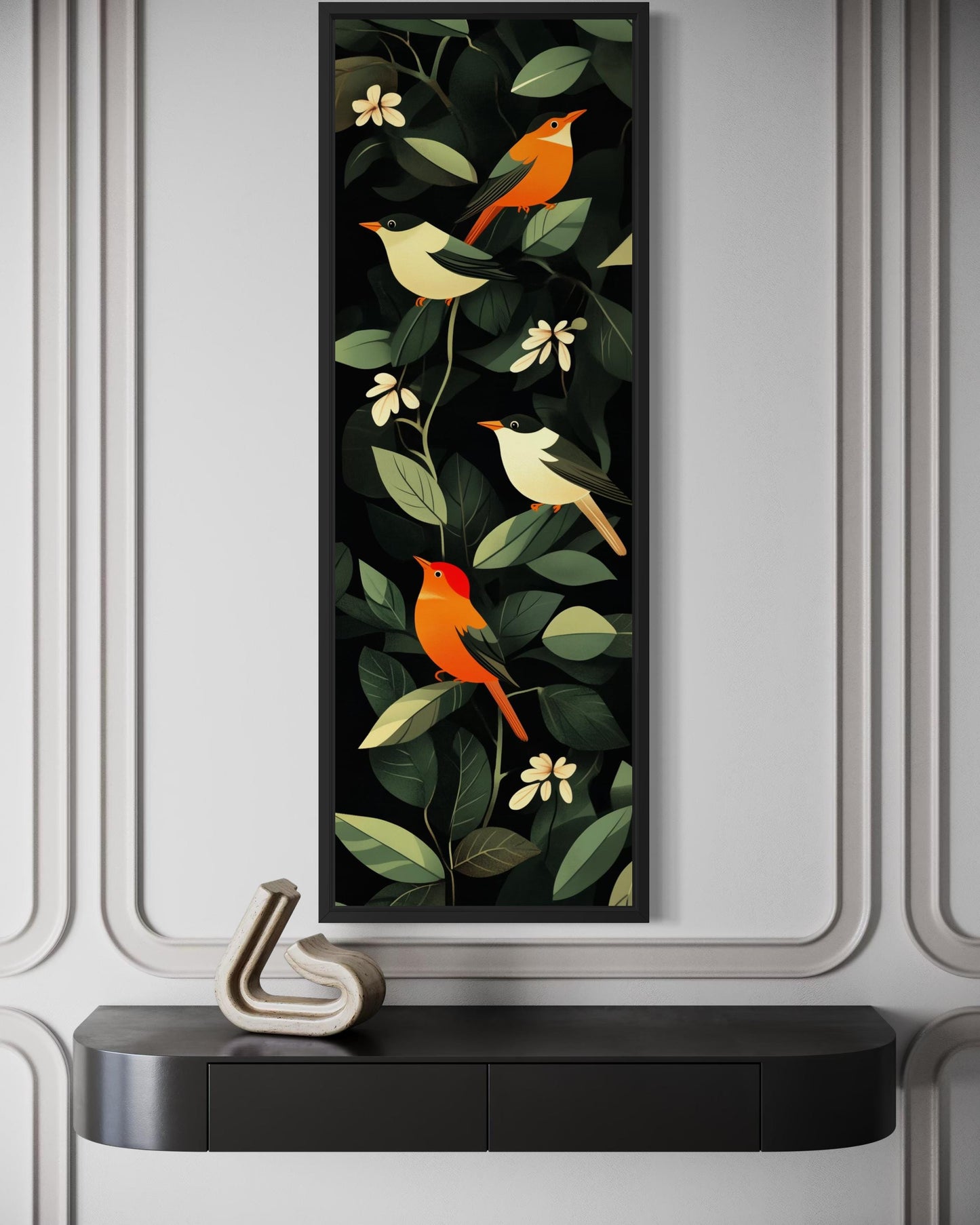 Tropical Birds Wall Art – Vertical Narrow Canvas Decor with Exotic Bird Painting