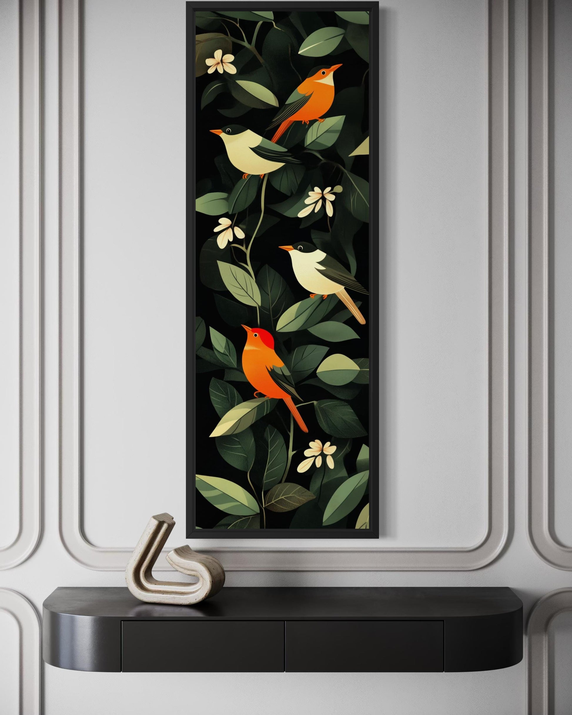 Tropical Birds Wall Art – Vertical Narrow Canvas Decor with Exotic Bird Painting