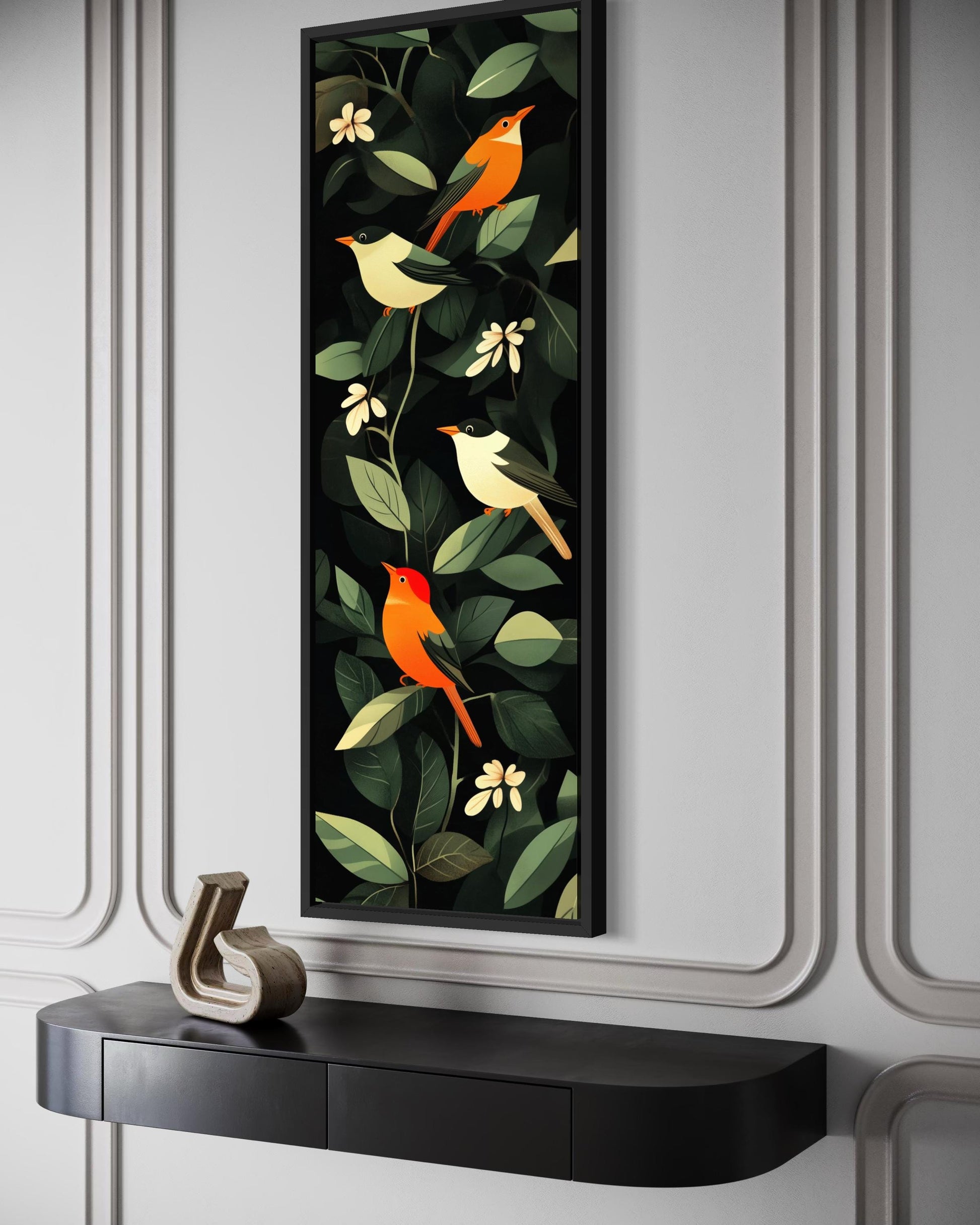 Tropical Birds Wall Art – Vertical Narrow Canvas Decor with Exotic Bird Painting
