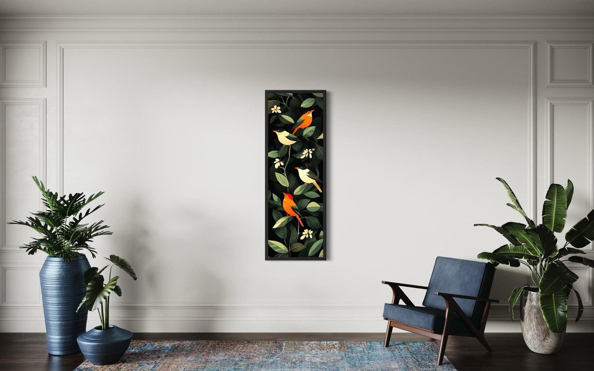 Tropical Birds Wall Art – Vertical Narrow Canvas Decor with Exotic Bird Painting