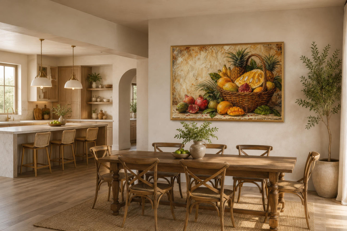 Tropical Fruit Basket Wall Art - Pineapple Mango Pomegranate Still Life Dining Room Art
