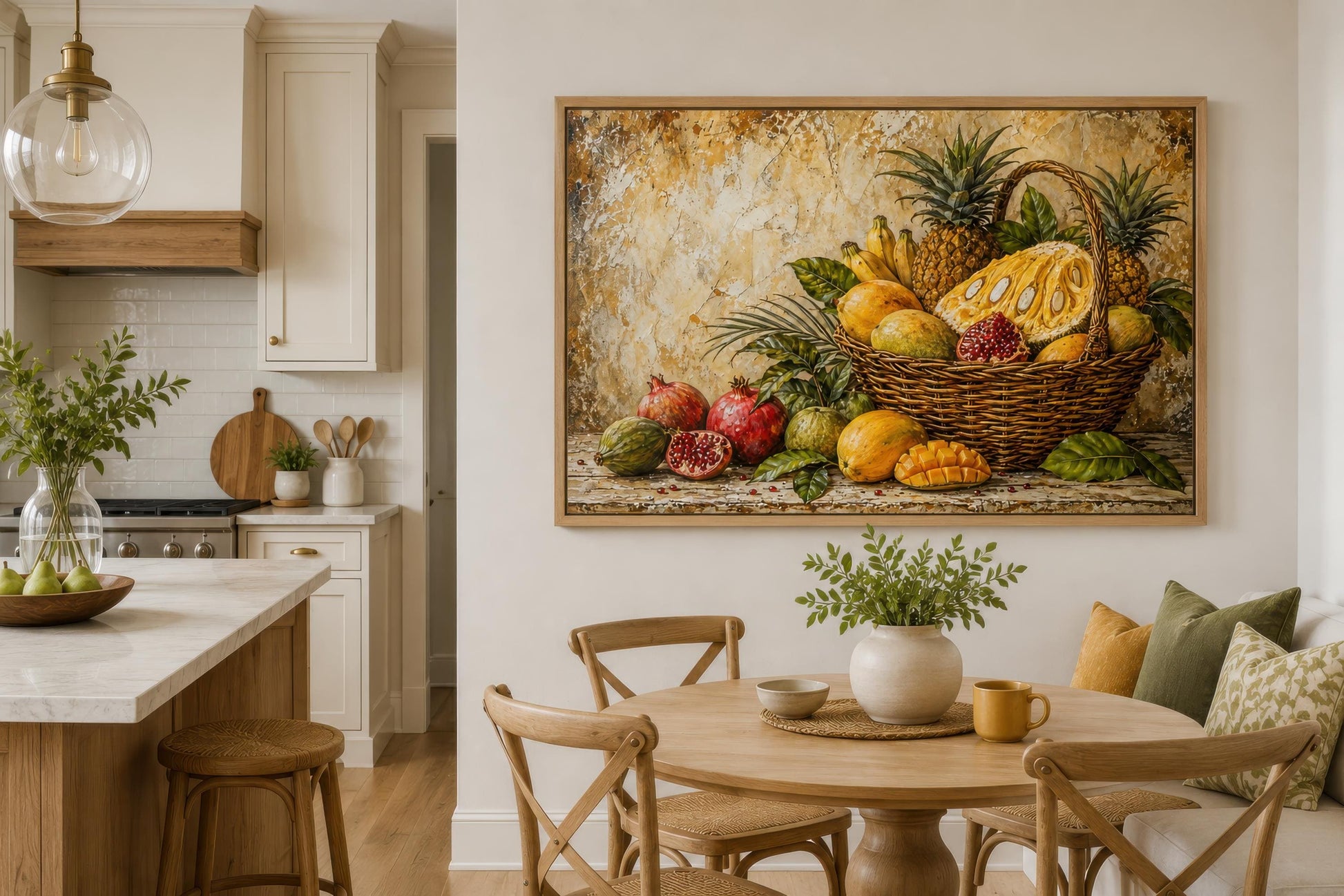 Tropical Fruit Basket Wall Art - Pineapple Mango Pomegranate Still Life Dining Room Art