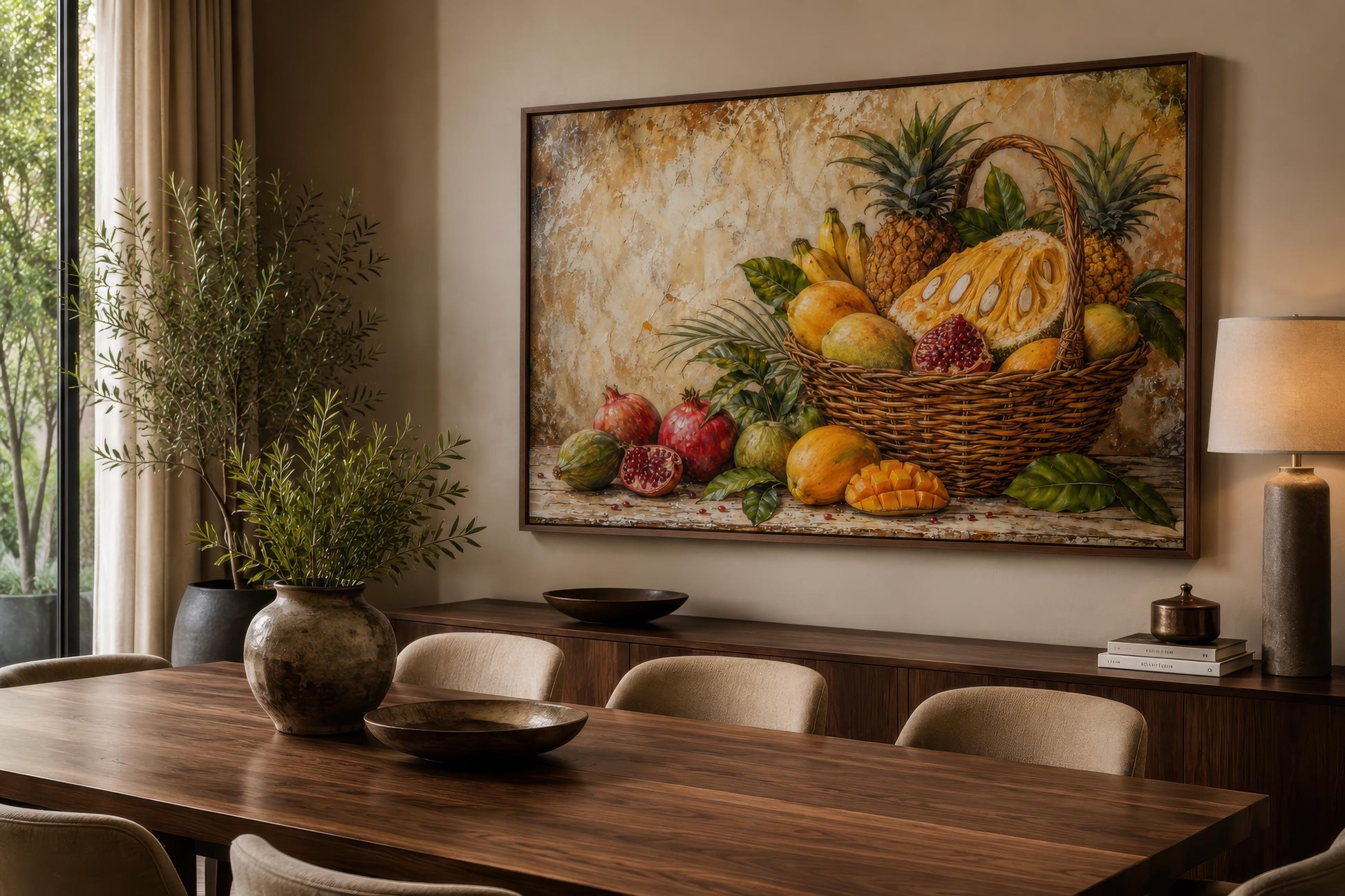 Tropical Fruit Basket Wall Art - Pineapple Mango Pomegranate Still Life Dining Room Art