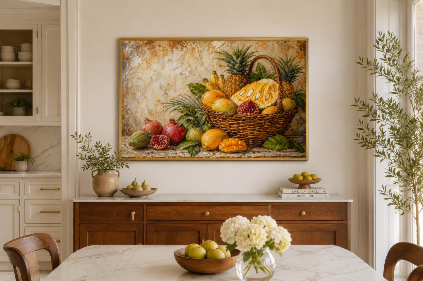 Tropical Fruit Basket Wall Art - Pineapple Mango Pomegranate Still Life Dining Room Art