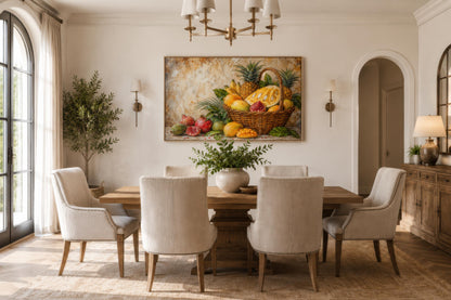Tropical Fruit Basket Wall Art - Pineapple Mango Pomegranate Still Life Dining Room Art