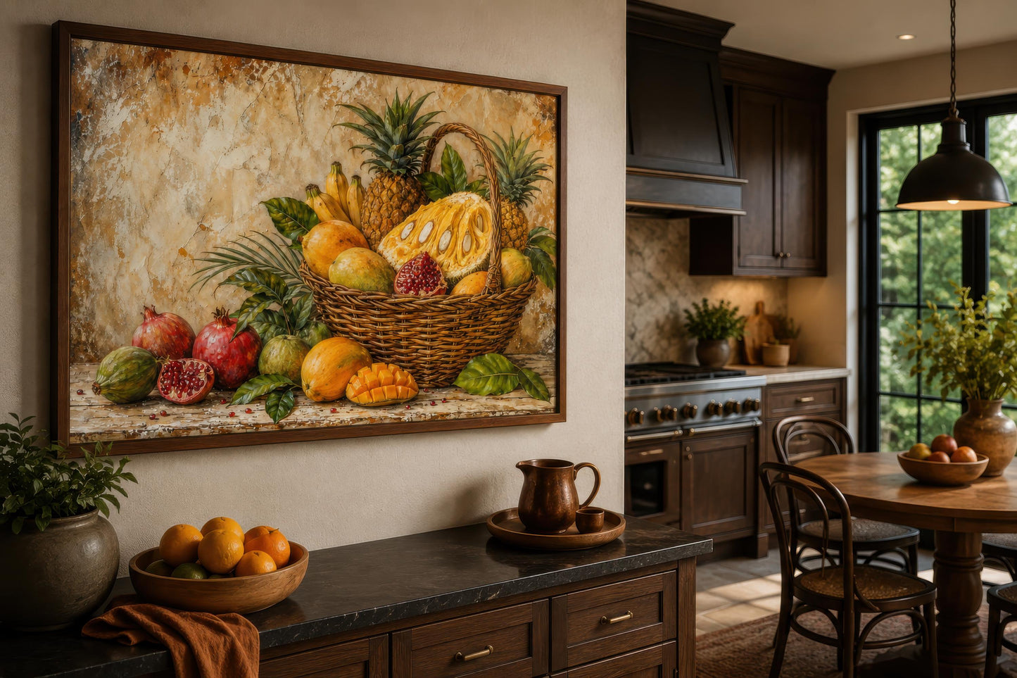 Tropical Fruit Basket Wall Art - Pineapple Mango Pomegranate Still Life Dining Room Art