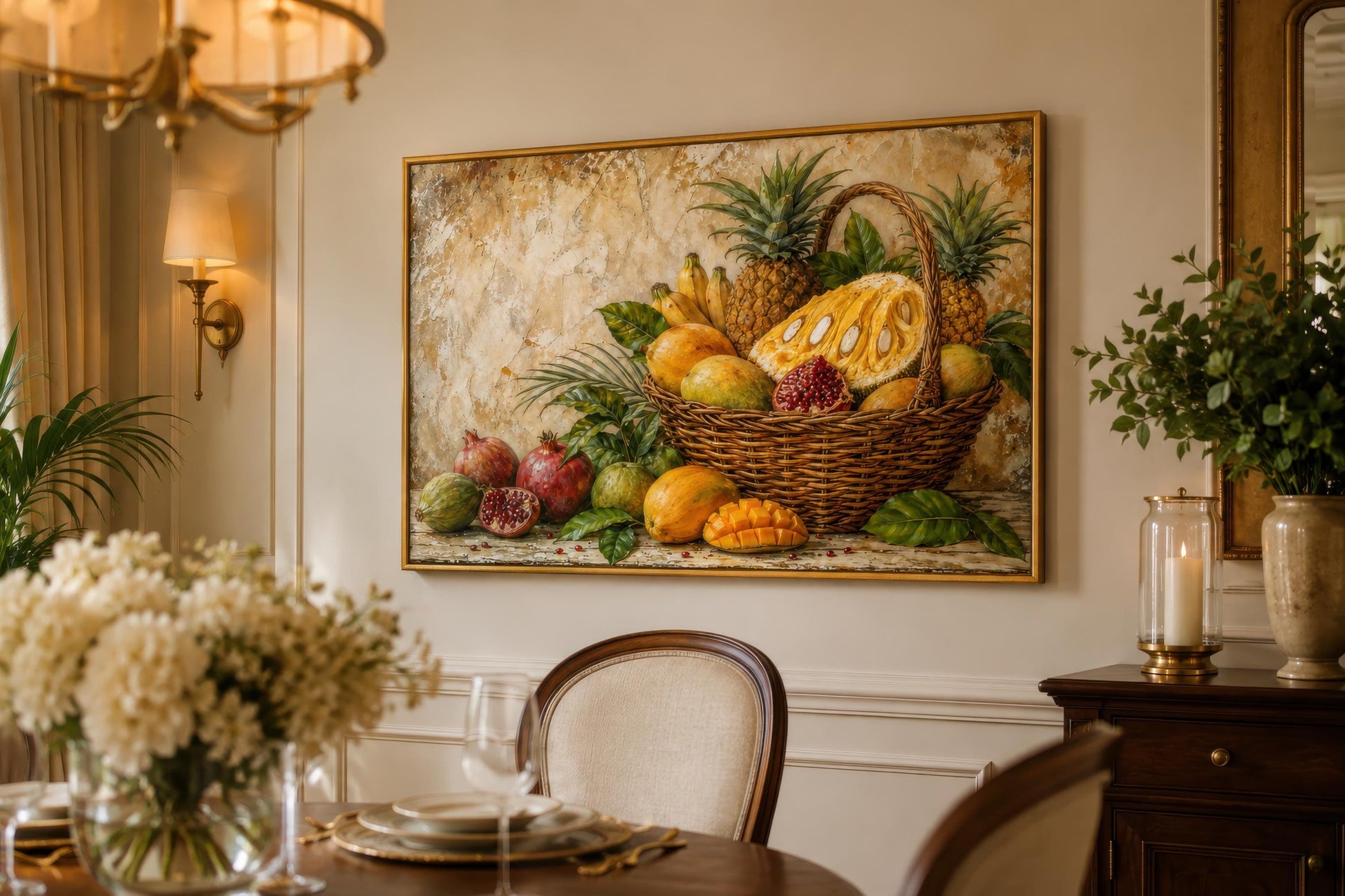 Tropical Fruit Basket Wall Art - Pineapple Mango Pomegranate Still Life Dining Room Art