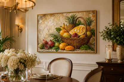 Tropical Fruit Basket Wall Art - Pineapple Mango Pomegranate Still Life Dining Room Art
