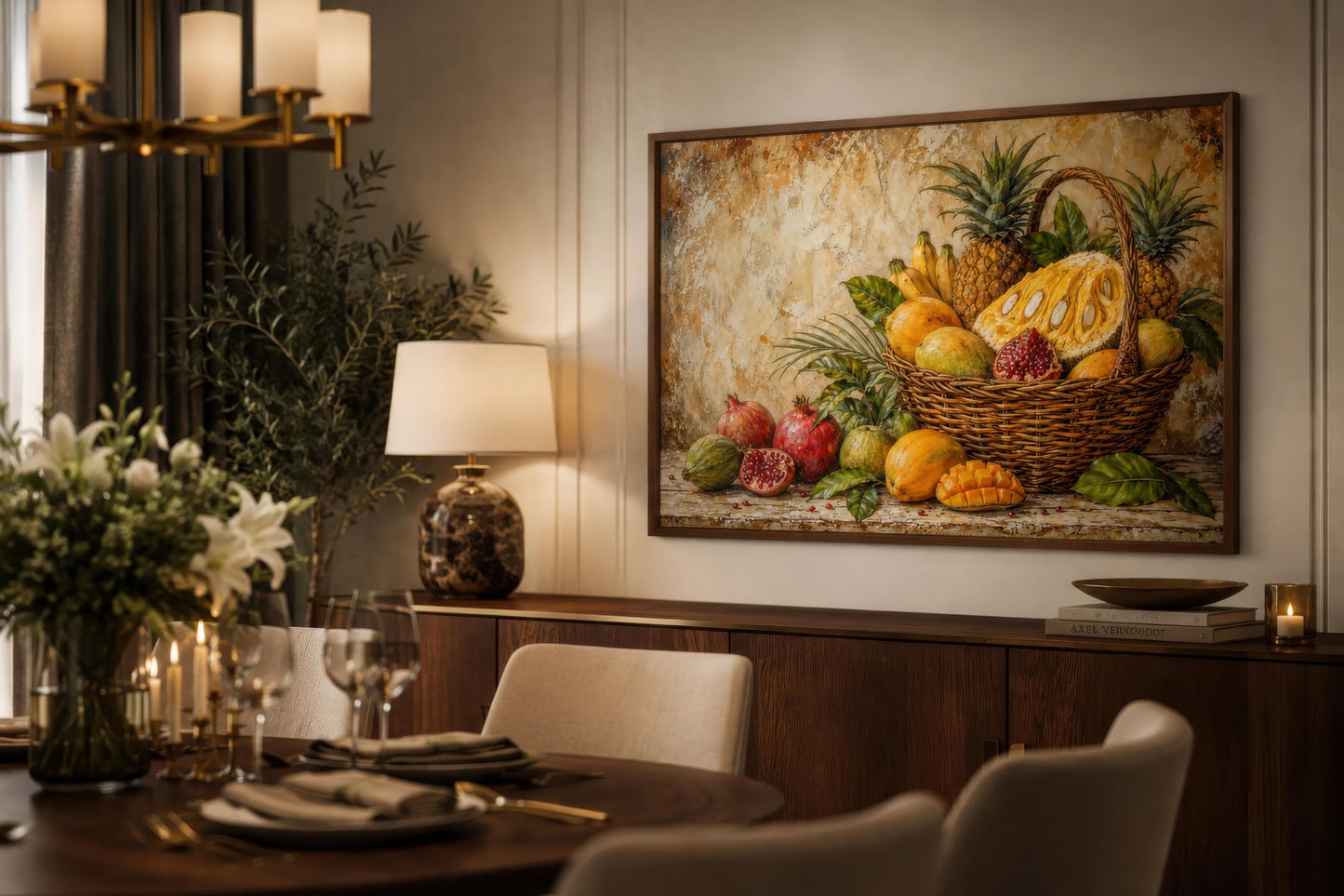 Tropical Fruit Basket Wall Art - Pineapple Mango Pomegranate Still Life Dining Room Art