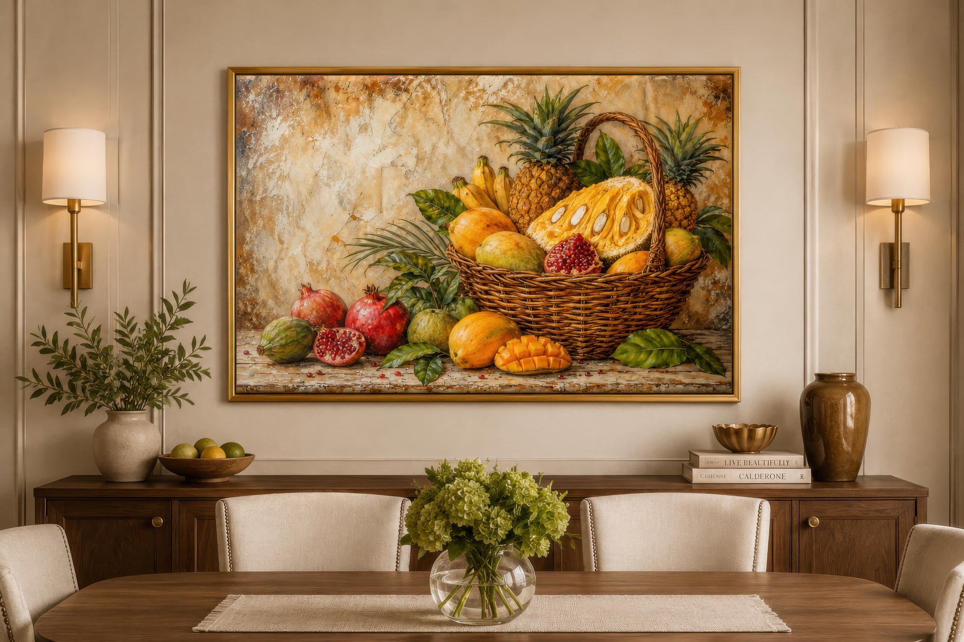 Tropical Fruit Basket Wall Art - Pineapple Mango Pomegranate Still Life Dining Room Art