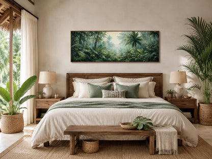Tropical Jungle Canvas - Misty Rainforest Wall Art With Palm Trees & Lush Green Foliage