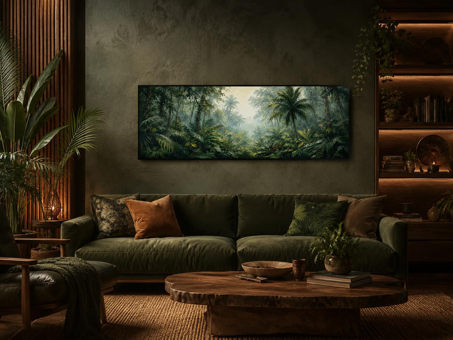 Tropical Jungle Canvas - Misty Rainforest Wall Art With Palm Trees & Lush Green Foliage