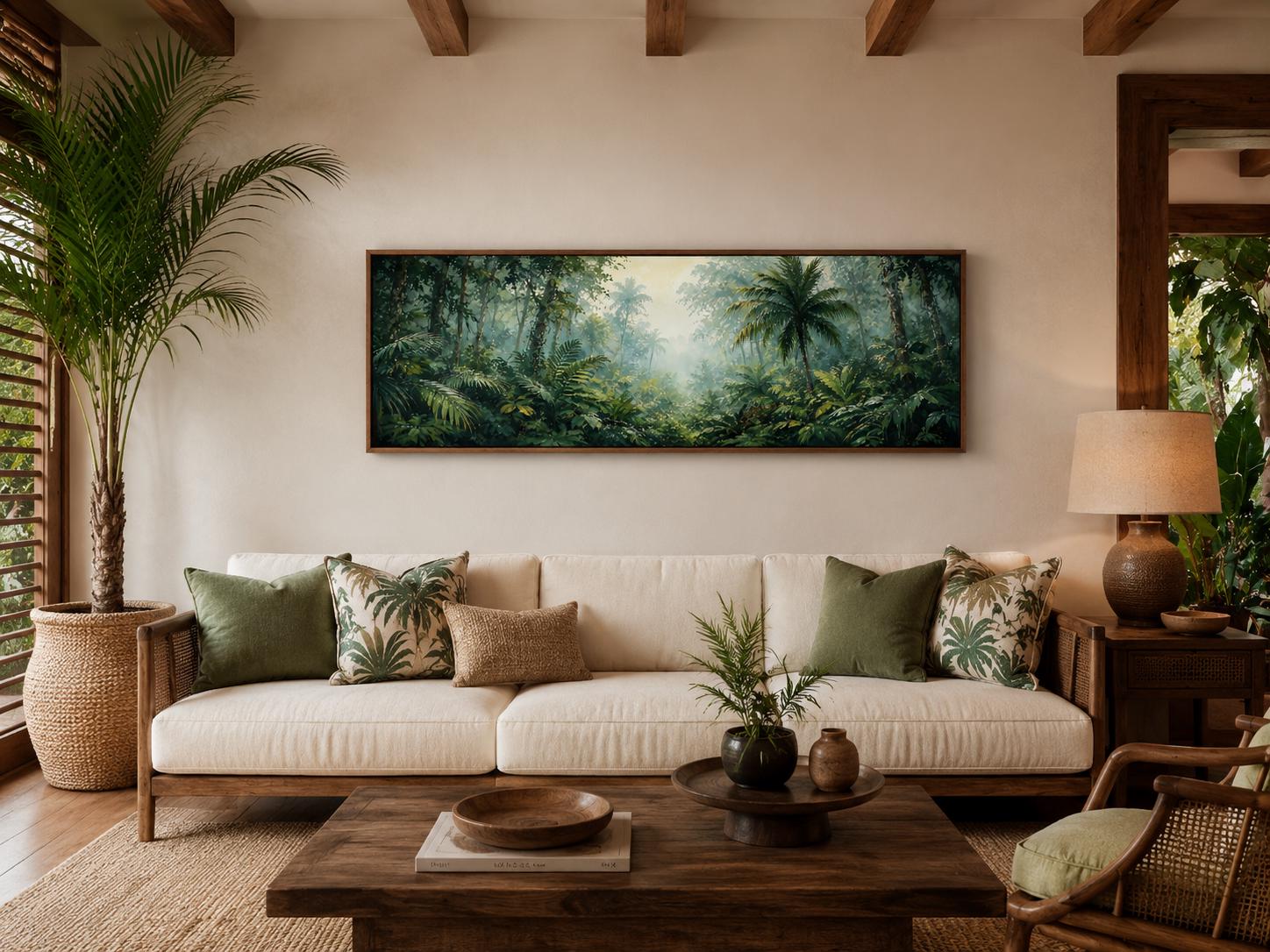 Tropical Jungle Canvas - Misty Rainforest Wall Art With Palm Trees & Lush Green Foliage