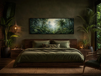 Tropical Jungle Canvas - Misty Rainforest Wall Art With Palm Trees & Lush Green Foliage