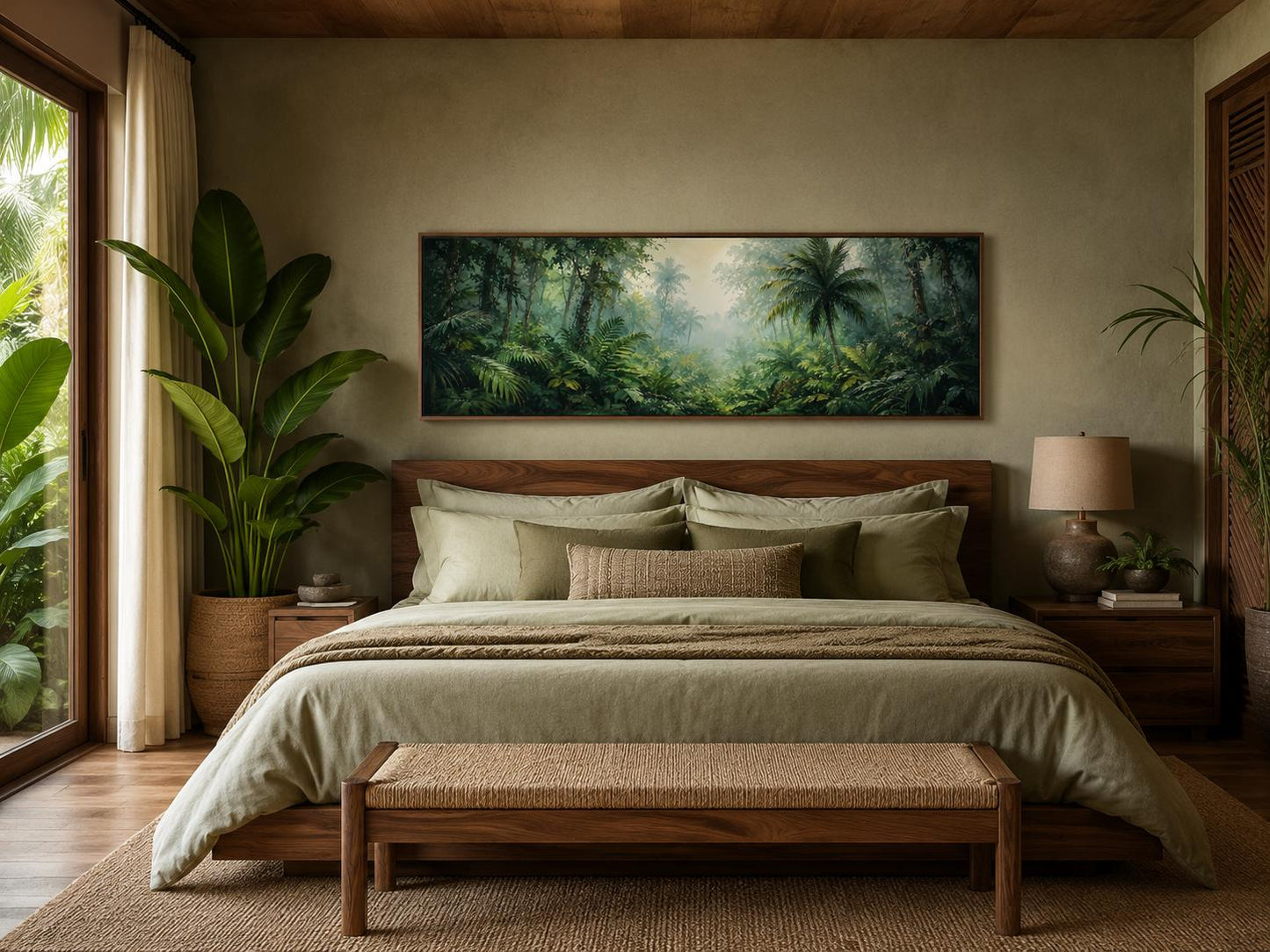 Tropical Jungle Canvas - Misty Rainforest Wall Art With Palm Trees & Lush Green Foliage