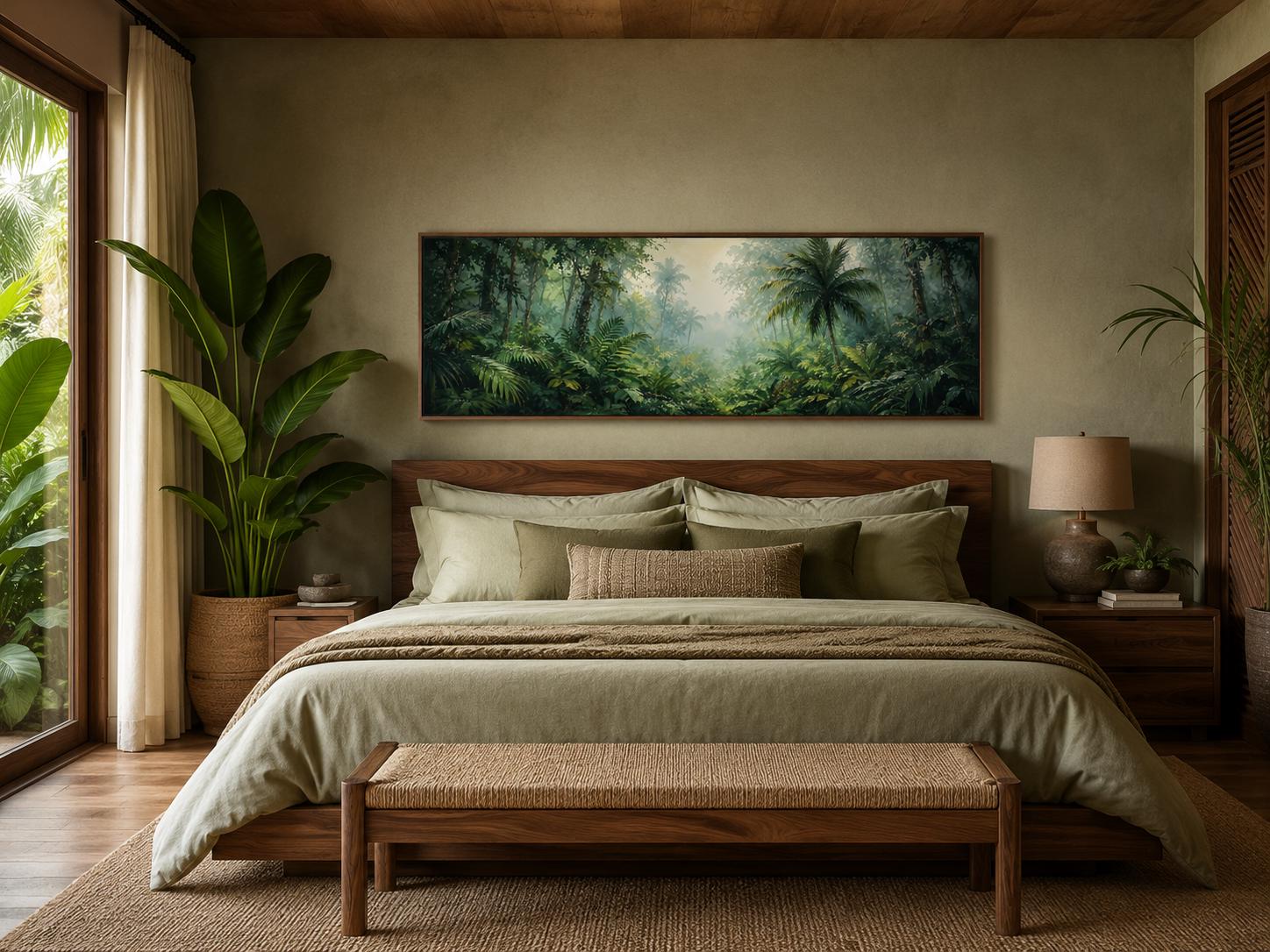 Tropical Jungle Canvas - Misty Rainforest Wall Art With Palm Trees & Lush Green Foliage