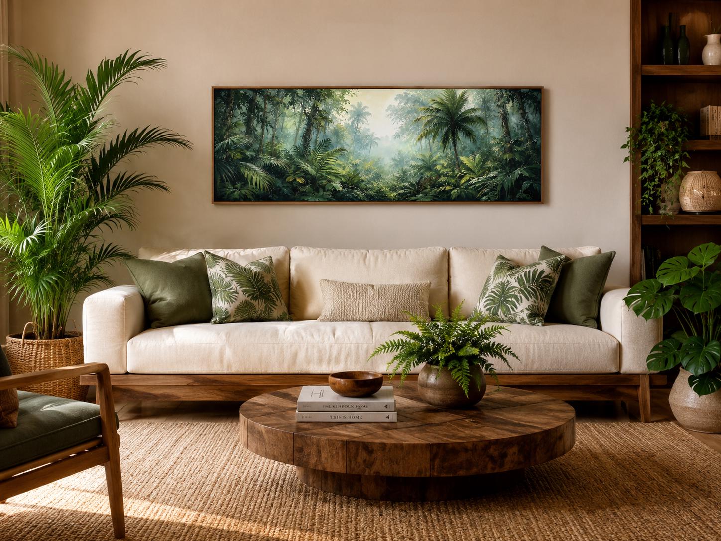 Tropical Jungle Canvas - Misty Rainforest Wall Art With Palm Trees & Lush Green Foliage