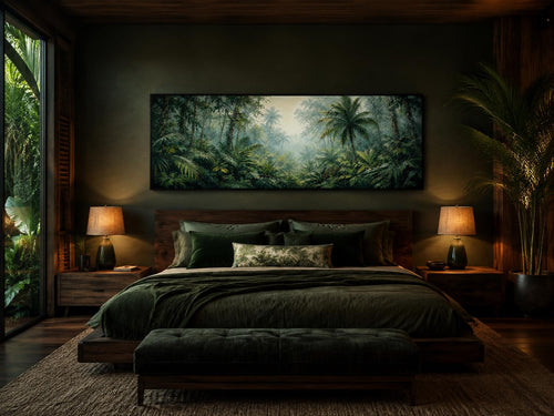 Tropical Jungle Canvas - Misty Rainforest Wall Art With Palm Trees & Lush Green Foliage