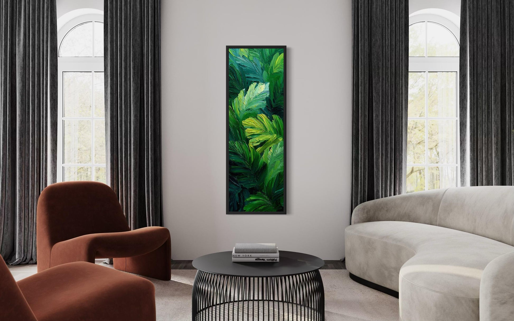 Tropical Leaves Wall Art | Vertical Jungle Botanical Painting on Narrow Canvas Print