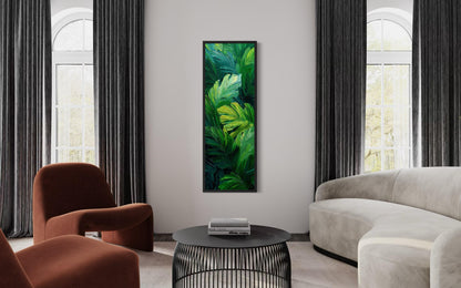 Tropical Leaves Wall Art | Vertical Jungle Botanical Painting on Narrow Canvas Print