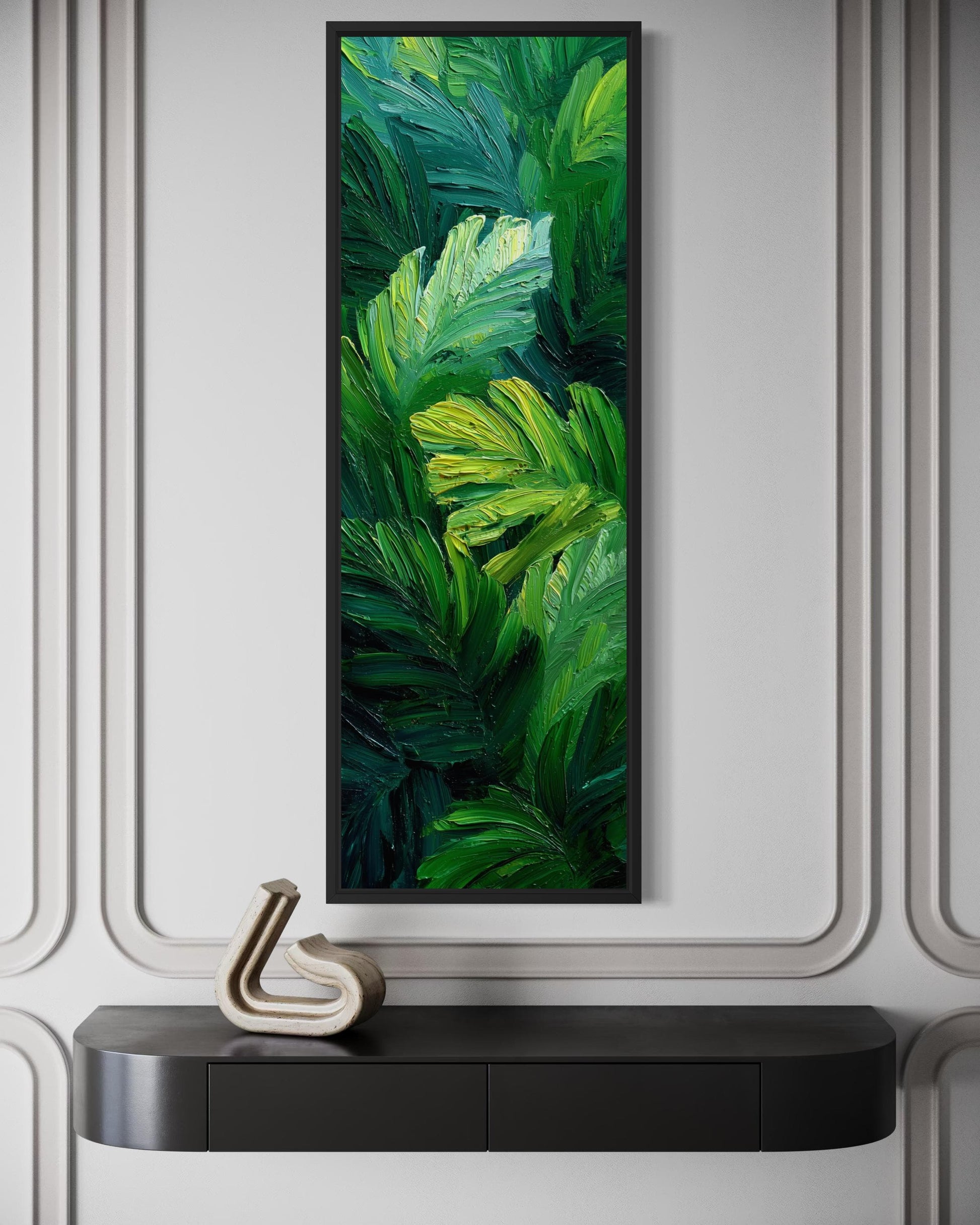 Tropical Leaves Wall Art | Vertical Jungle Botanical Painting on Narrow Canvas Print