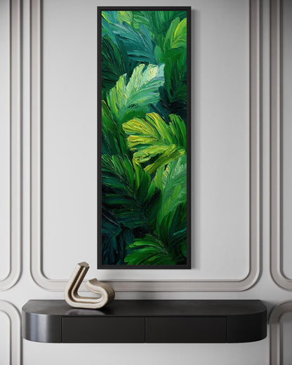 Tropical Leaves Wall Art | Vertical Jungle Botanical Painting on Narrow Canvas Print