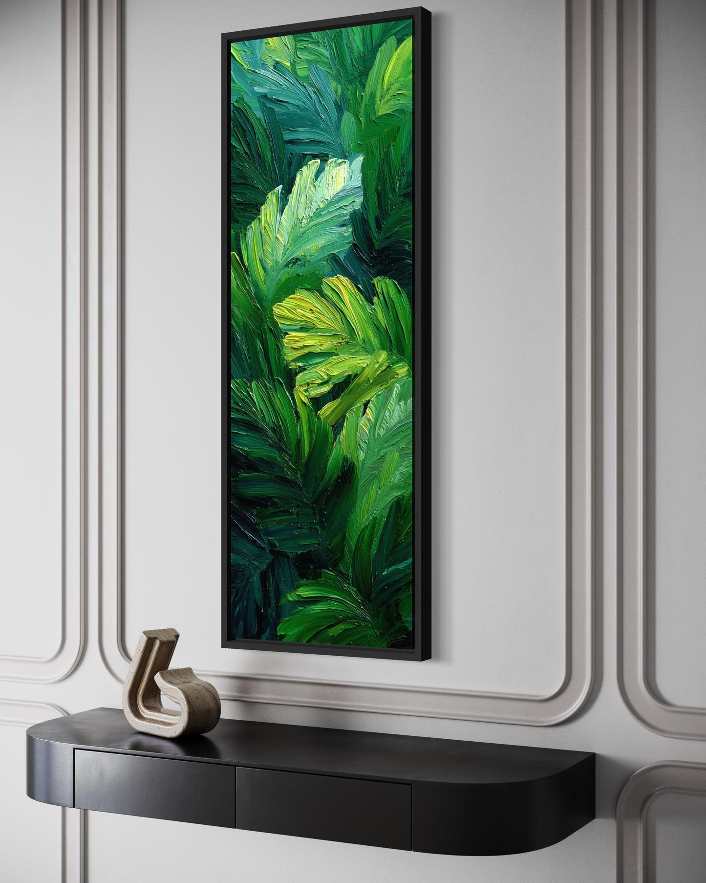 Tropical Leaves Wall Art | Vertical Jungle Botanical Painting on Narrow Canvas Print