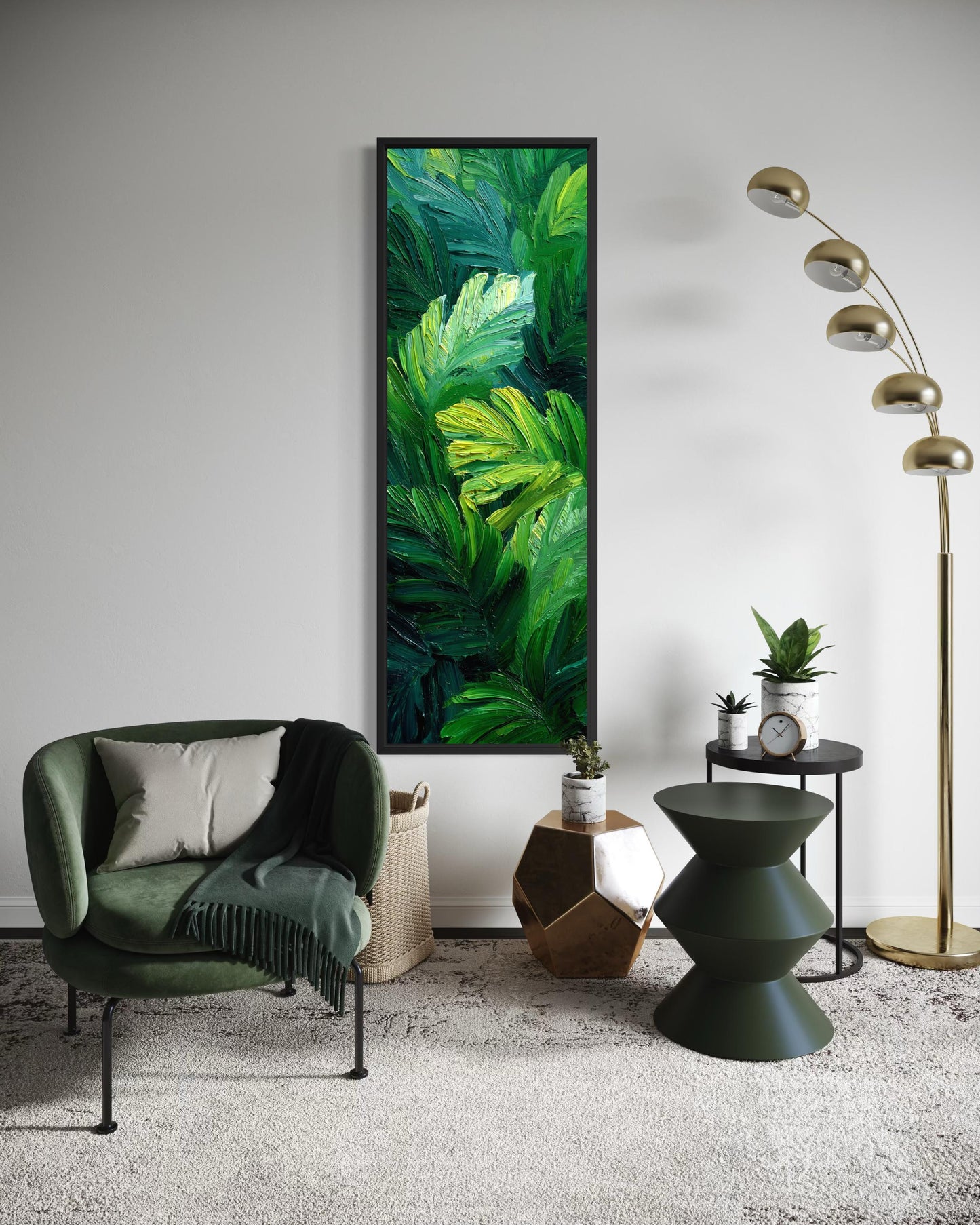 Tropical Leaves Wall Art | Vertical Jungle Botanical Painting on Narrow Canvas Print
