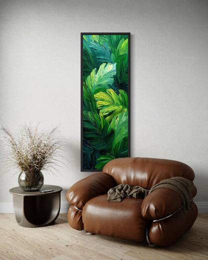 Tropical Leaves Wall Art | Vertical Jungle Botanical Painting on Narrow Canvas Print