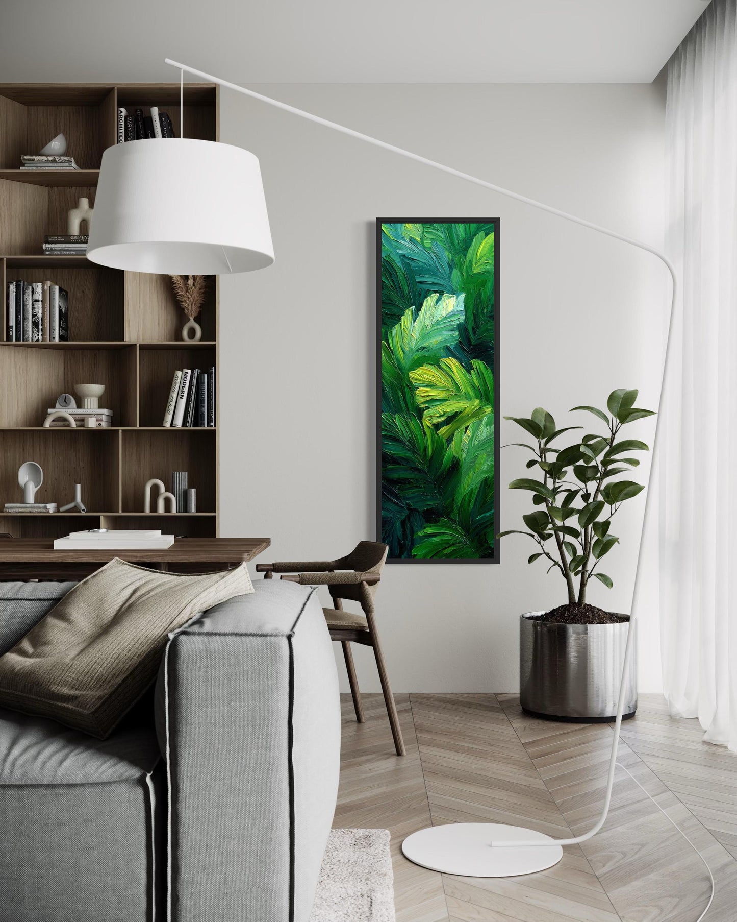 Tropical Leaves Wall Art | Vertical Jungle Botanical Painting on Narrow Canvas Print