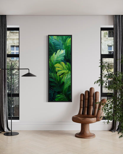 Tropical Leaves Wall Art | Vertical Jungle Botanical Painting on Narrow Canvas Print