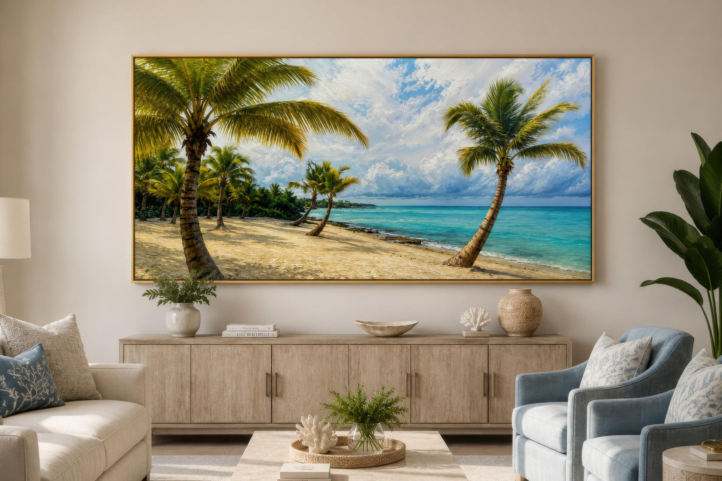 Tropical Palm Tree Wall Art - Coastal Beach Painting | Horizontal Canvas Print