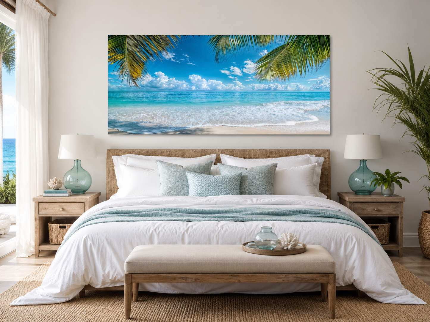 Tropical Beach With Palm Trees Framed Canvas Wall Art