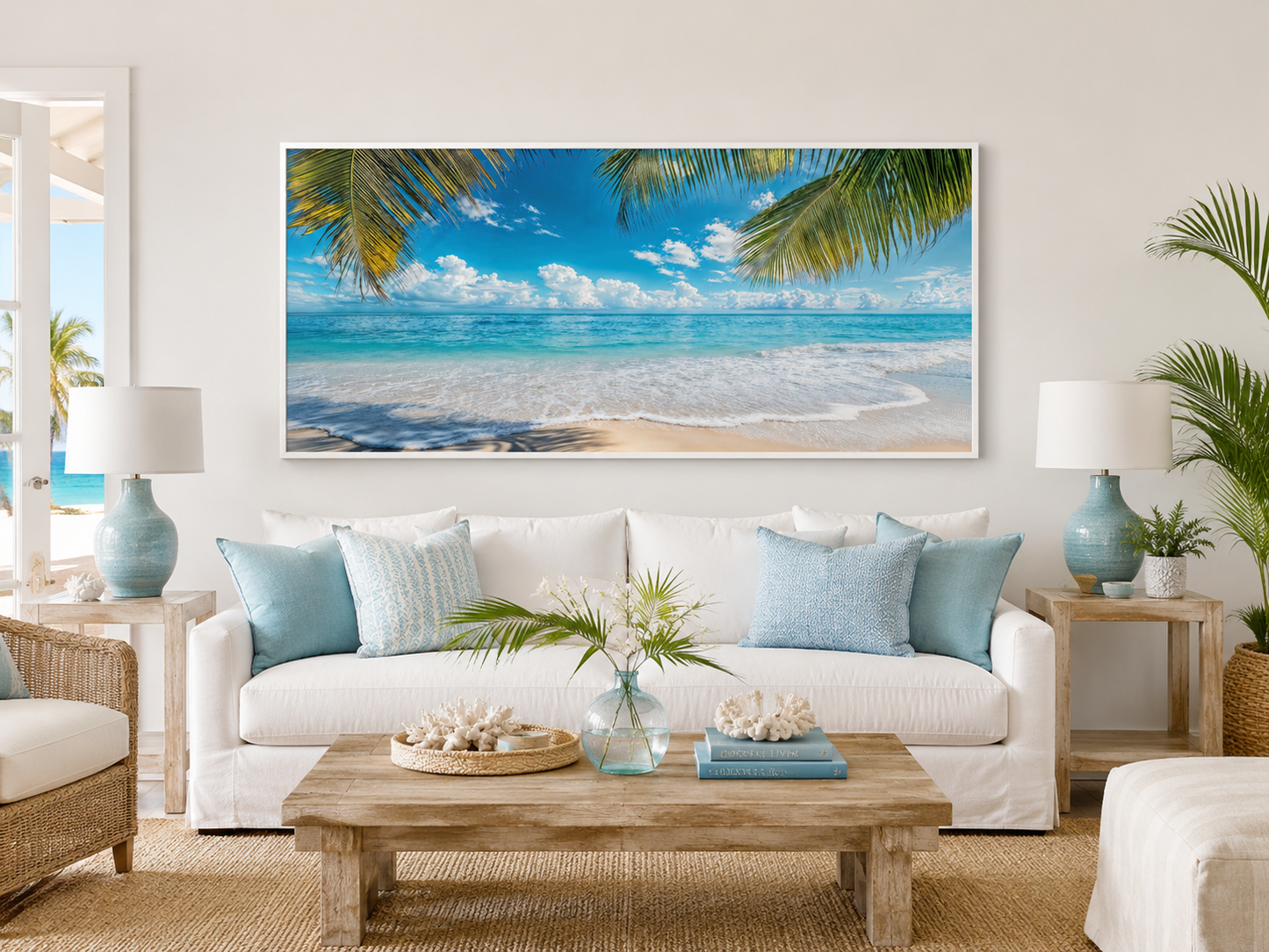 Tropical Beach With Palm Trees Framed Canvas Wall Art