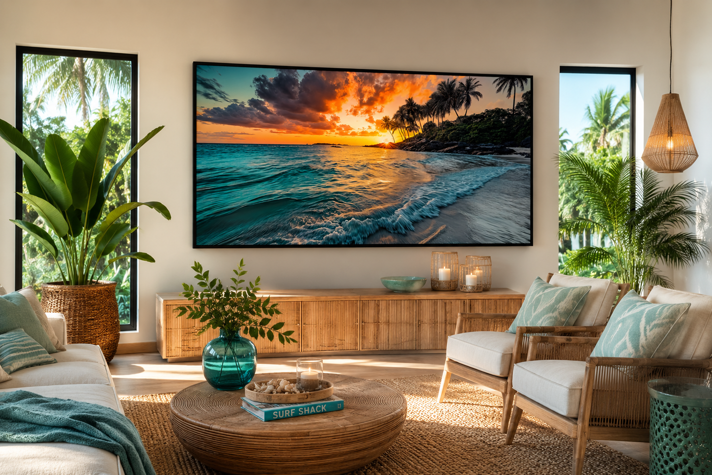 Tropical Beach Sunset Painting – Coastal Wall Art | Framed Canvas for Beach House Decor