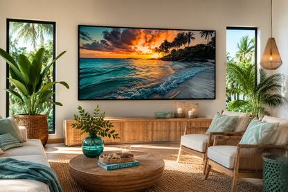 Tropical Beach Sunset Painting – Coastal Wall Art | Framed Canvas for Beach House Decor